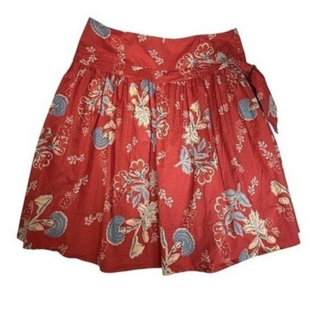 Garnet Hill Red Floral Cotton Mini Skirt Side Tie Size 16 High‎ Waist Lined